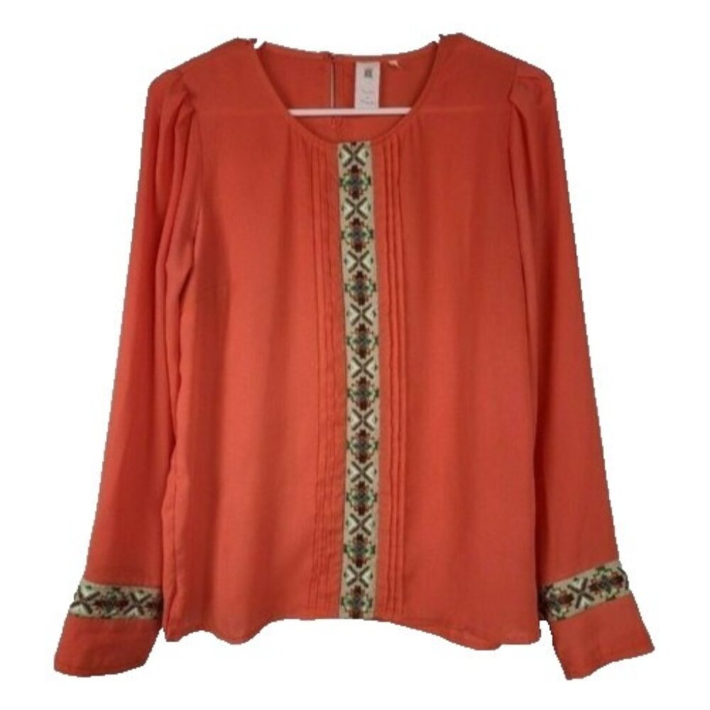 Needle & Thread Womens BOHO Blouse‎ Top Small Orange Embroidered Aztec Festival